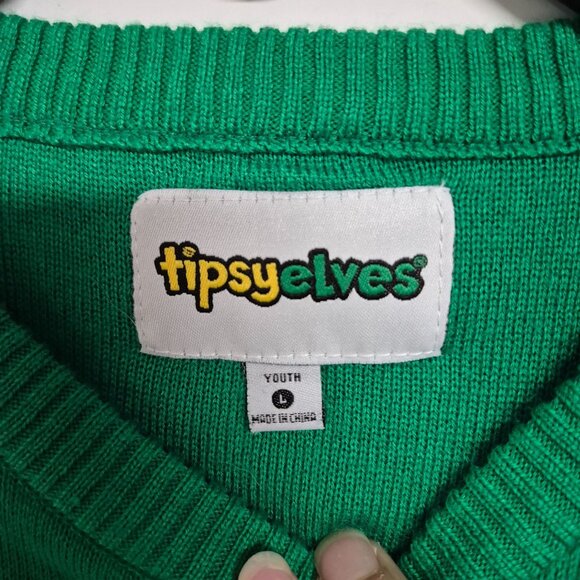 Tipsy Elves Youth Green Christmas Pizza Ugly Sweater Long Sleeves Knit Pullover - Picture 3 of 5